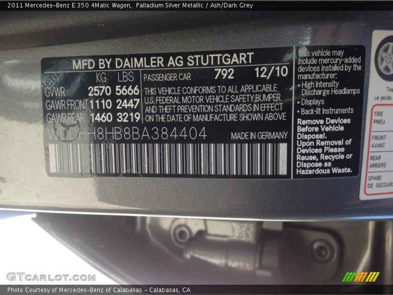 Palladium Silver Metallic / Ash/Dark Grey 2011 Mercedes-Benz E 350 4Matic Wagon