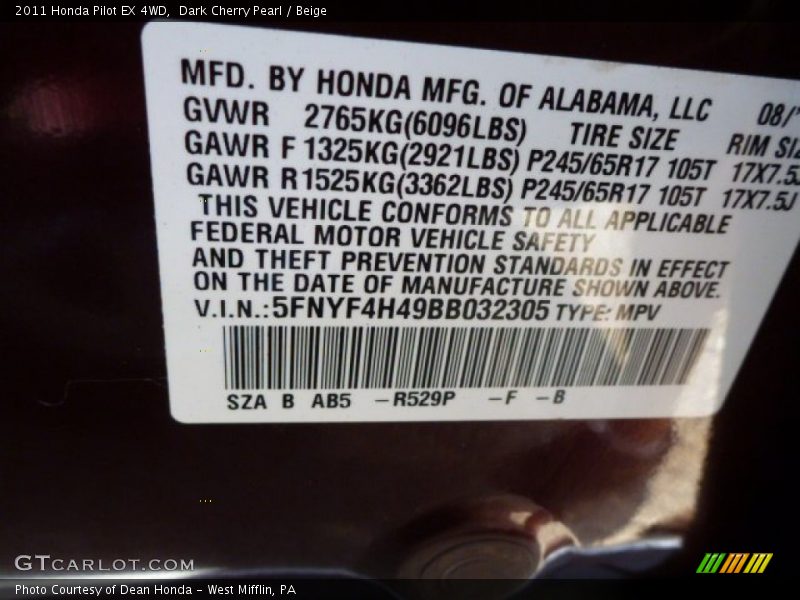 Dark Cherry Pearl / Beige 2011 Honda Pilot EX 4WD