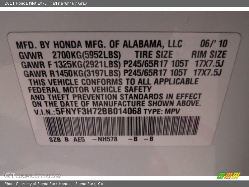 Taffeta White / Gray 2011 Honda Pilot EX-L