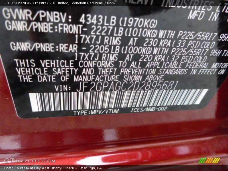 Venetian Red Pearl / Ivory 2013 Subaru XV Crosstrek 2.0 Limited