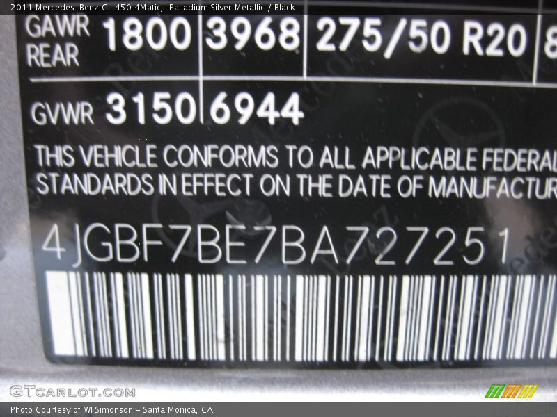Palladium Silver Metallic / Black 2011 Mercedes-Benz GL 450 4Matic