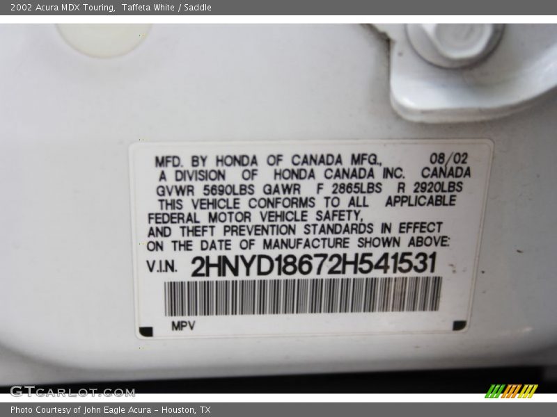 Taffeta White / Saddle 2002 Acura MDX Touring