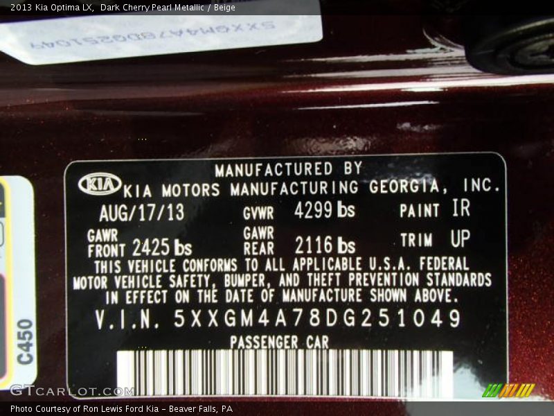 Dark Cherry Pearl Metallic / Beige 2013 Kia Optima LX