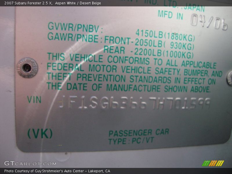 Aspen White / Desert Beige 2007 Subaru Forester 2.5 X