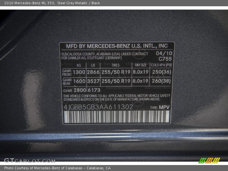 Steel Grey Metallic / Black 2010 Mercedes-Benz ML 350