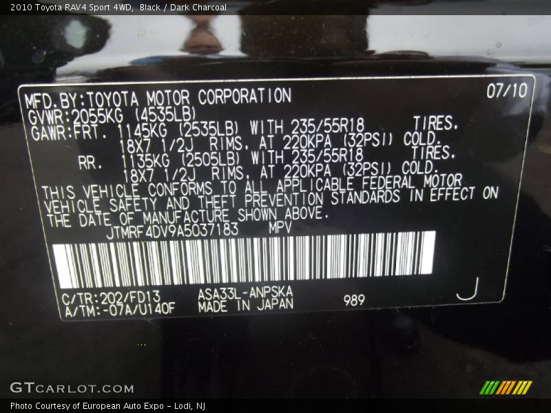 Black / Dark Charcoal 2010 Toyota RAV4 Sport 4WD