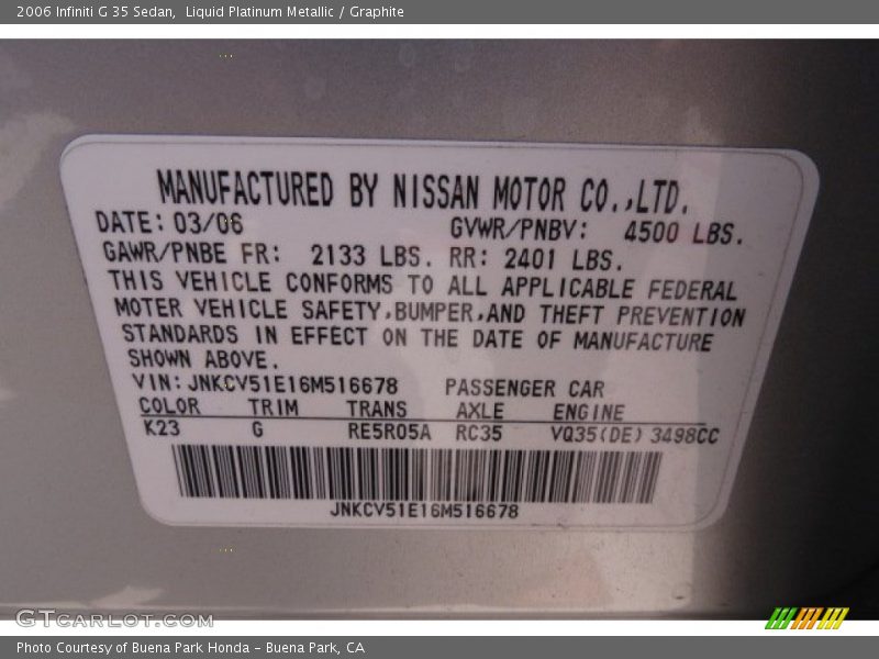 Liquid Platinum Metallic / Graphite 2006 Infiniti G 35 Sedan