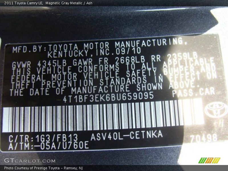 Magnetic Gray Metallic / Ash 2011 Toyota Camry LE