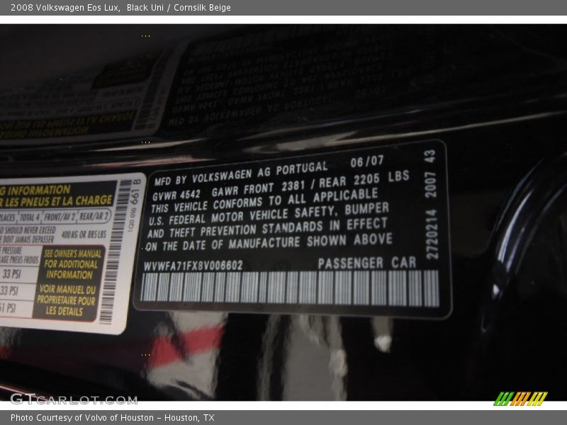 Black Uni / Cornsilk Beige 2008 Volkswagen Eos Lux