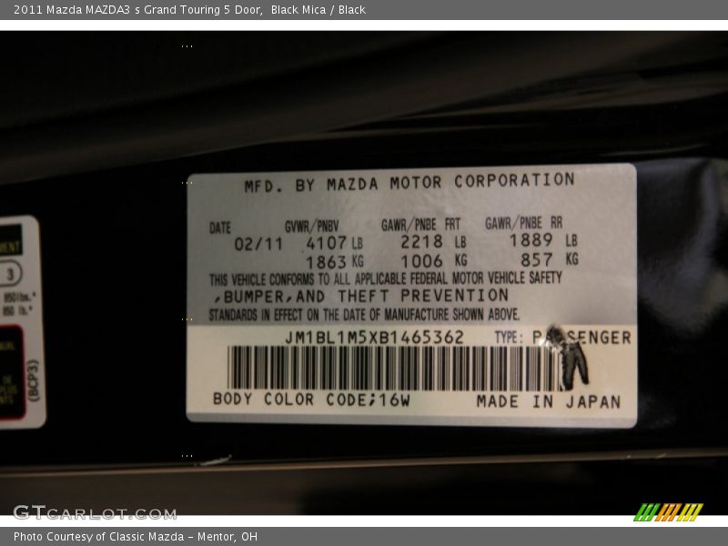 2011 MAZDA3 s Grand Touring 5 Door Black Mica Color Code 16W
