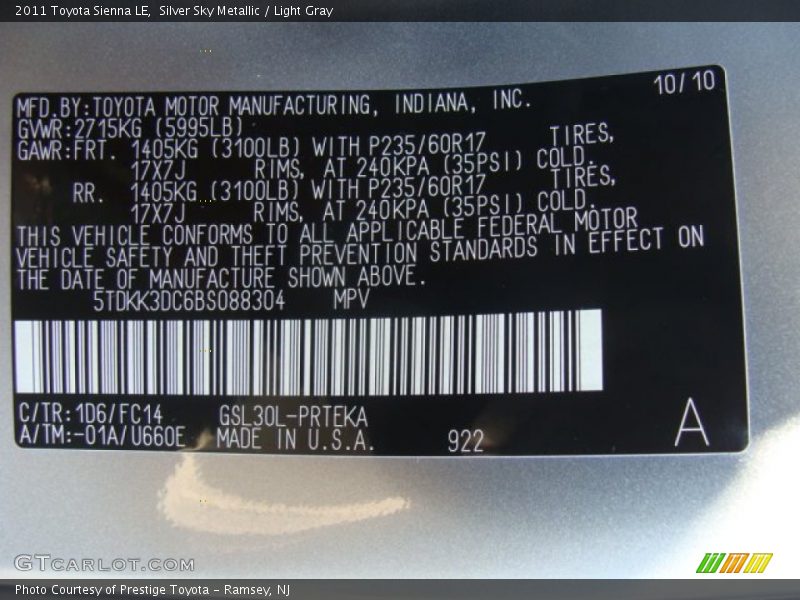 Silver Sky Metallic / Light Gray 2011 Toyota Sienna LE