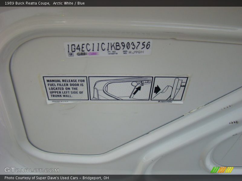 Info Tag of 1989 Reatta Coupe