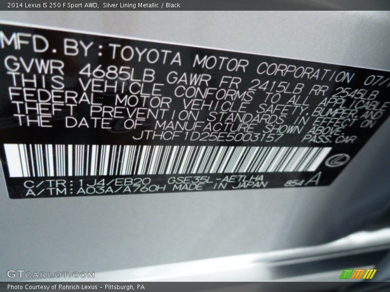 Silver Lining Metallic / Black 2014 Lexus IS 250 F Sport AWD