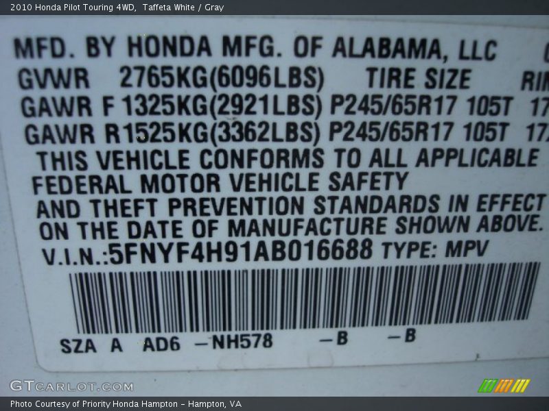Taffeta White / Gray 2010 Honda Pilot Touring 4WD