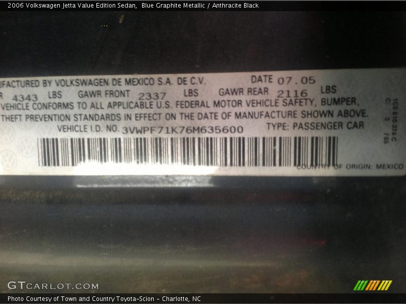 Blue Graphite Metallic / Anthracite Black 2006 Volkswagen Jetta Value Edition Sedan