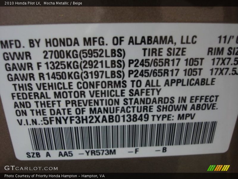 Mocha Metallic / Beige 2010 Honda Pilot LX