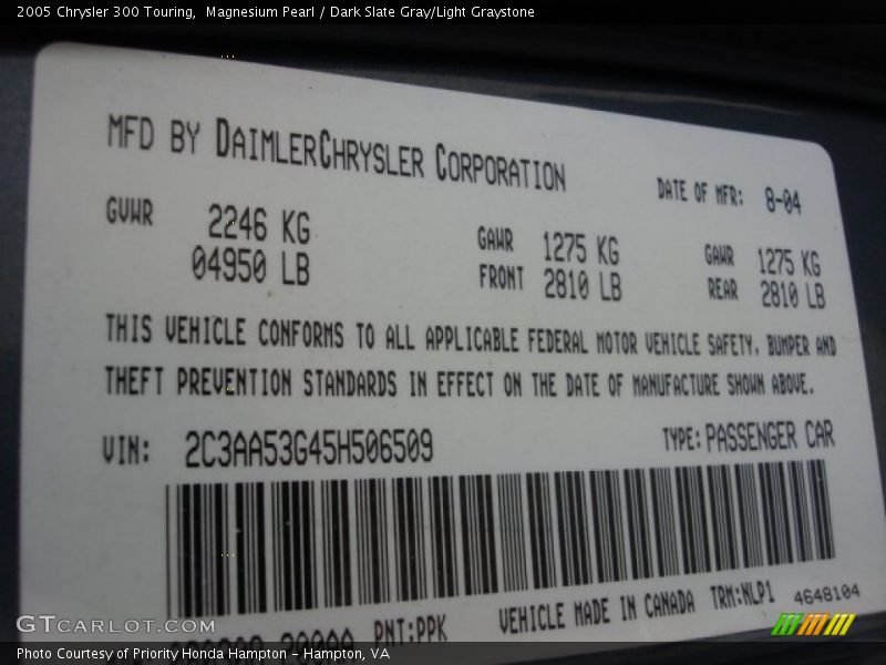 Magnesium Pearl / Dark Slate Gray/Light Graystone 2005 Chrysler 300 Touring