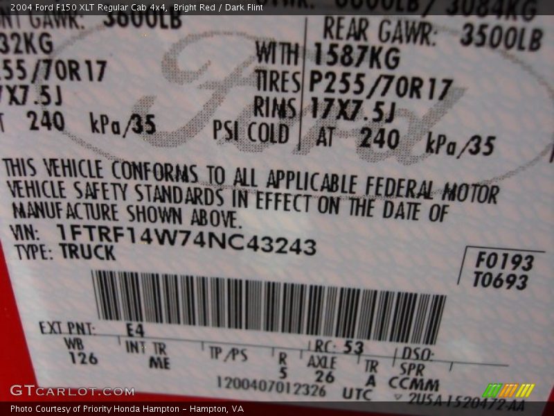 Bright Red / Dark Flint 2004 Ford F150 XLT Regular Cab 4x4