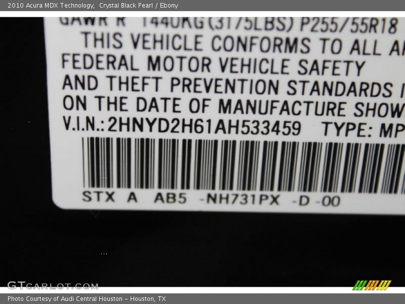 Crystal Black Pearl / Ebony 2010 Acura MDX Technology