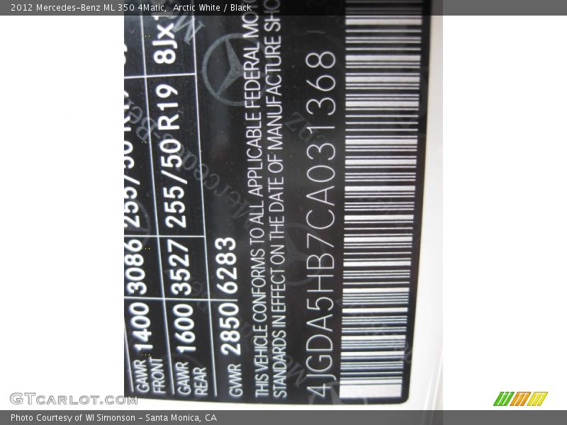 Arctic White / Black 2012 Mercedes-Benz ML 350 4Matic