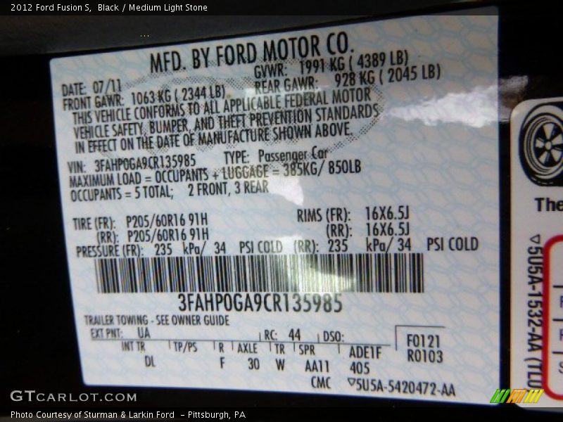 Black / Medium Light Stone 2012 Ford Fusion S