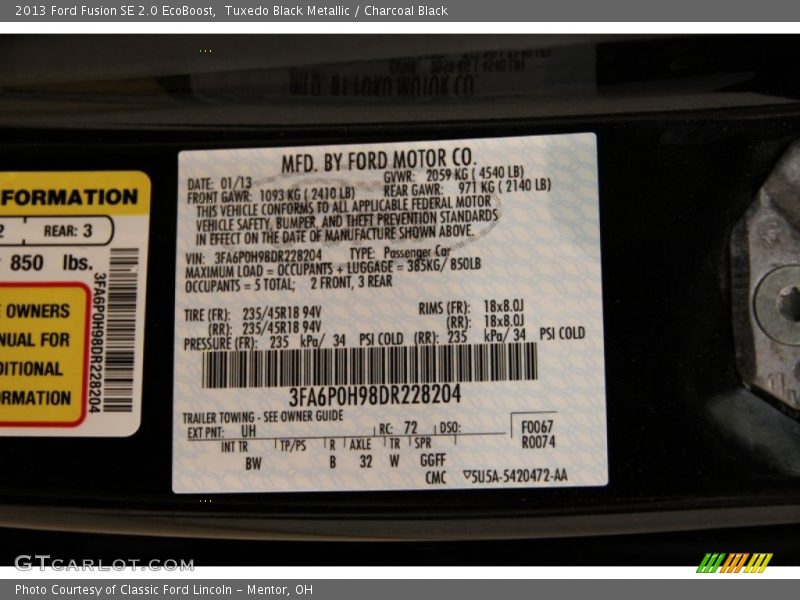 2013 Fusion SE 2.0 EcoBoost Tuxedo Black Metallic Color Code UH