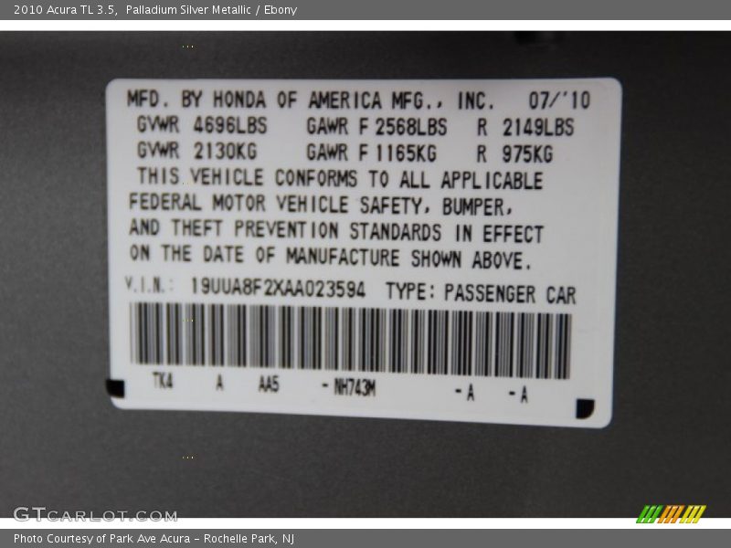 Palladium Silver Metallic / Ebony 2010 Acura TL 3.5