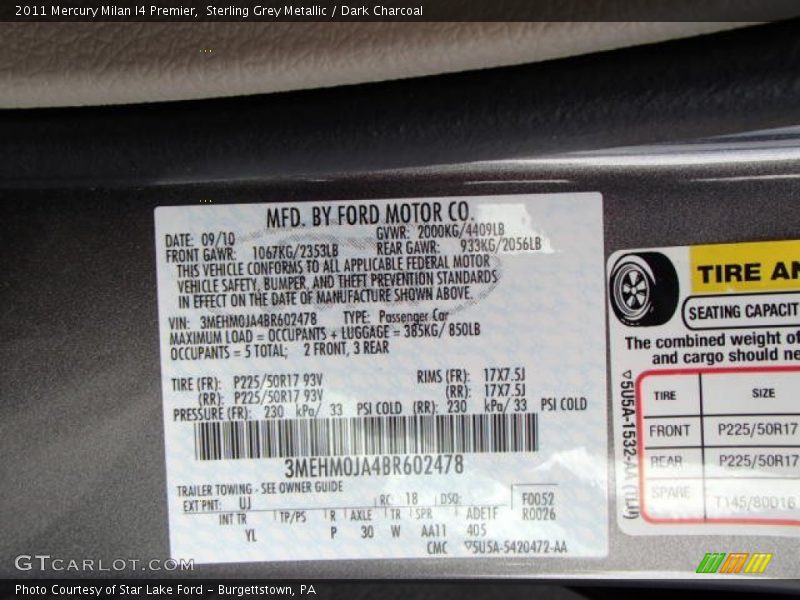 2011 Milan I4 Premier Sterling Grey Metallic Color Code UJ