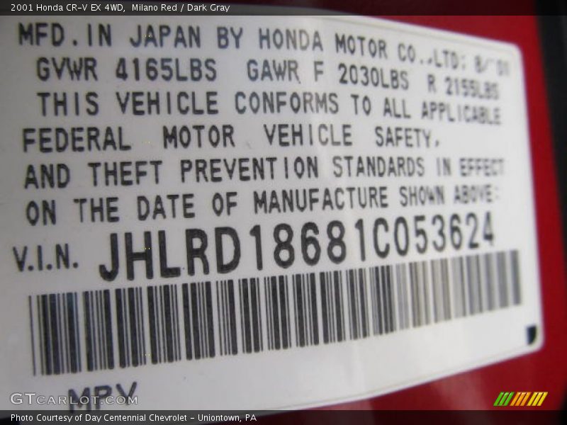 Milano Red / Dark Gray 2001 Honda CR-V EX 4WD