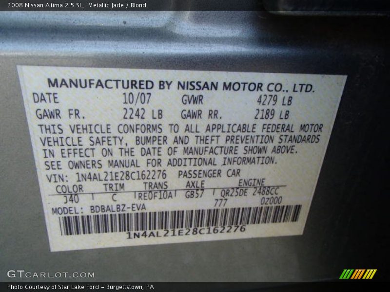 Metallic Jade / Blond 2008 Nissan Altima 2.5 SL