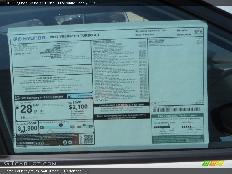 Elite White Pearl / Blue 2013 Hyundai Veloster Turbo