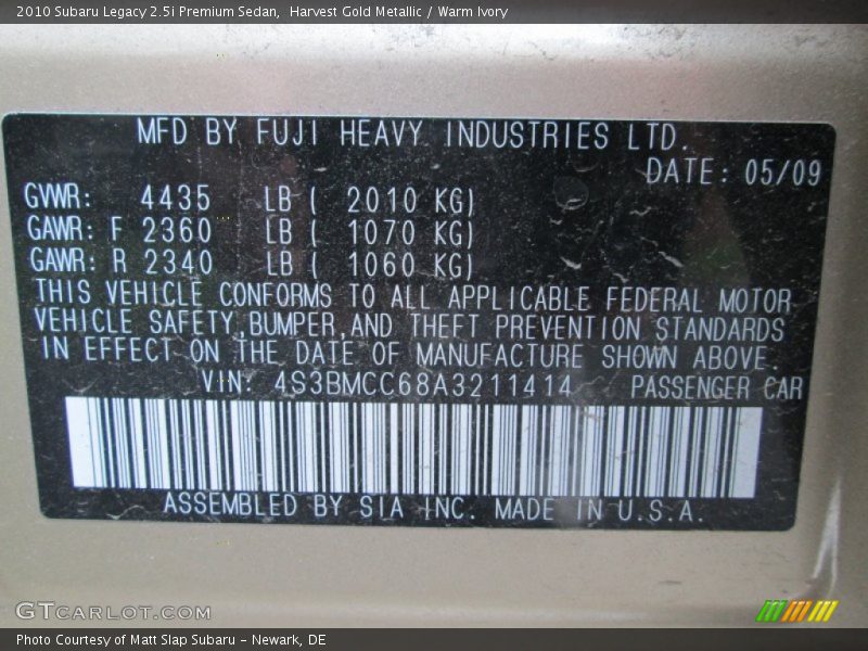 Harvest Gold Metallic / Warm Ivory 2010 Subaru Legacy 2.5i Premium Sedan
