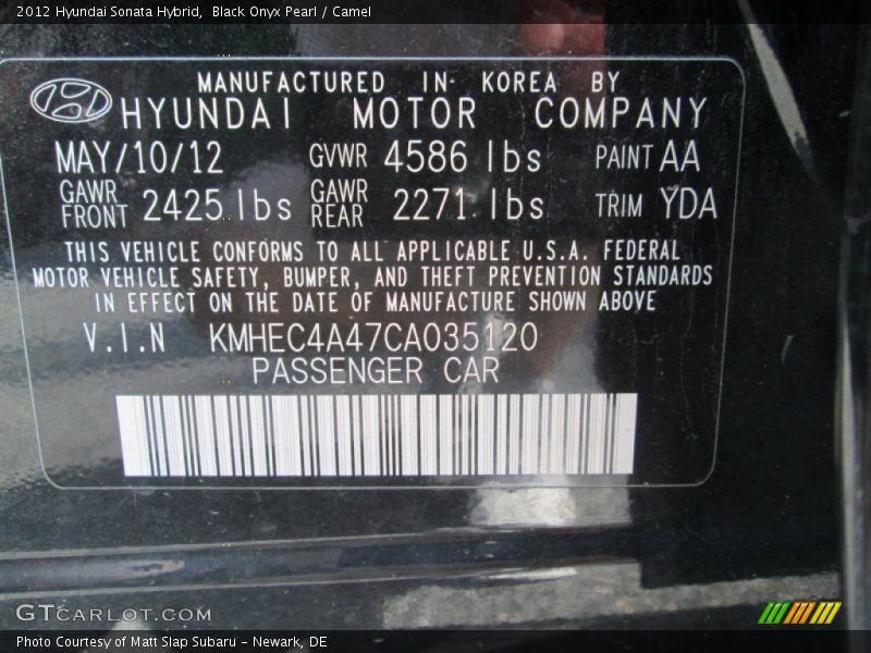 Black Onyx Pearl / Camel 2012 Hyundai Sonata Hybrid