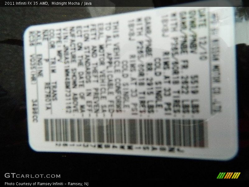 Midnight Mocha / Java 2011 Infiniti FX 35 AWD