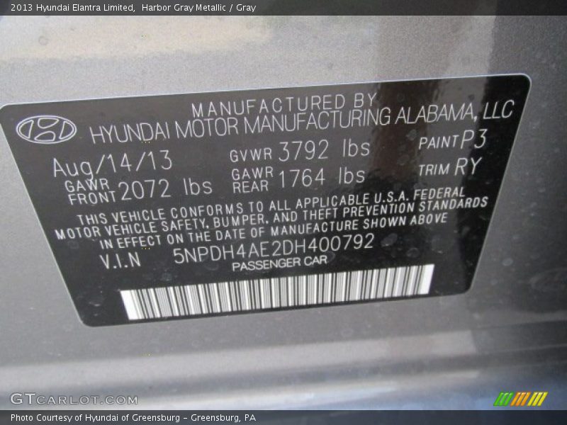 Harbor Gray Metallic / Gray 2013 Hyundai Elantra Limited