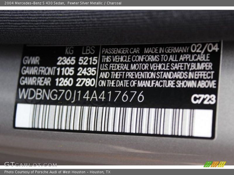 Pewter Silver Metallic / Charcoal 2004 Mercedes-Benz S 430 Sedan
