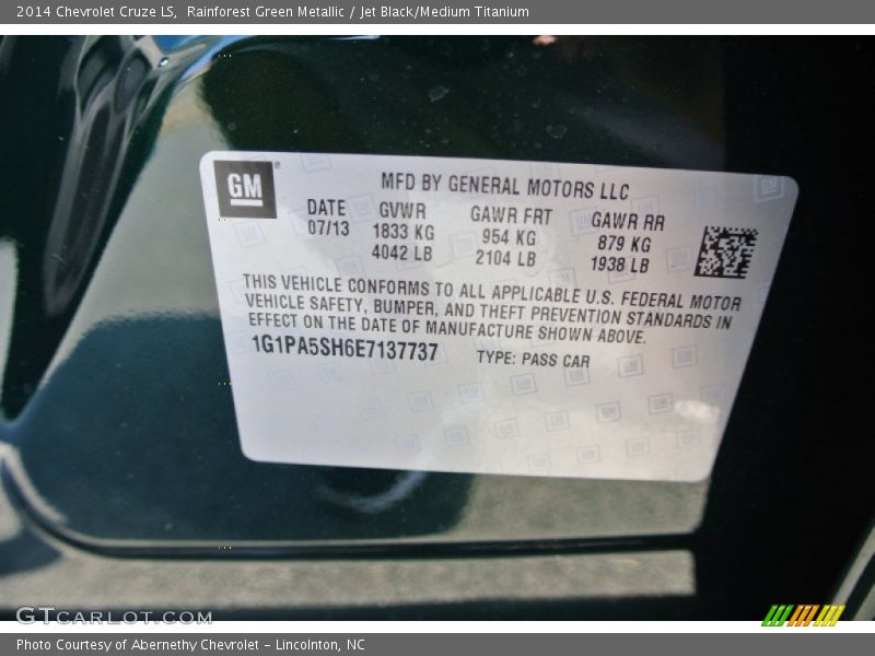 Rainforest Green Metallic / Jet Black/Medium Titanium 2014 Chevrolet Cruze LS