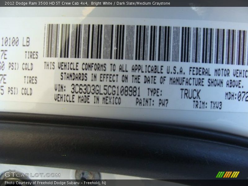 Bright White / Dark Slate/Medium Graystone 2012 Dodge Ram 3500 HD ST Crew Cab 4x4