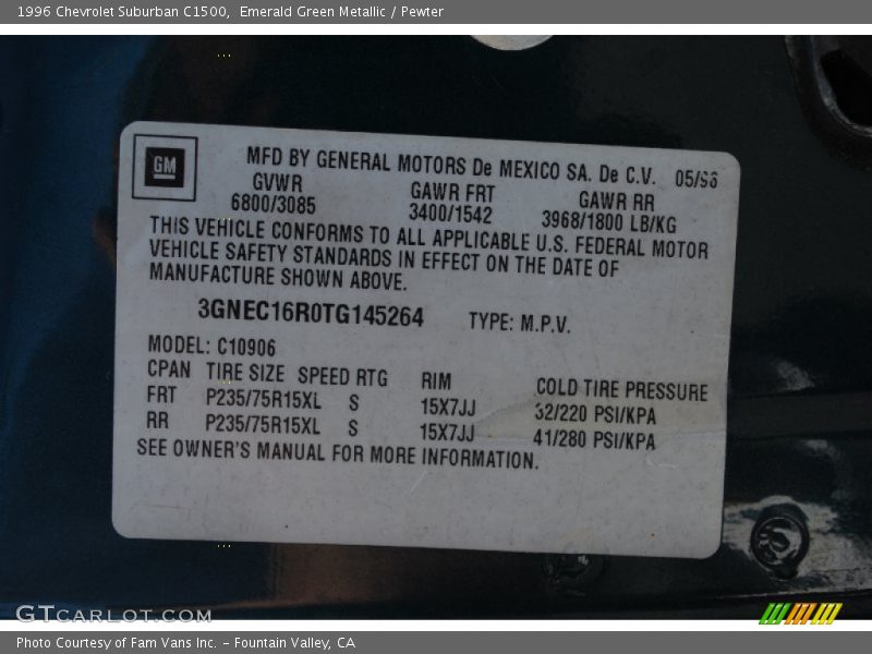Emerald Green Metallic / Pewter 1996 Chevrolet Suburban C1500