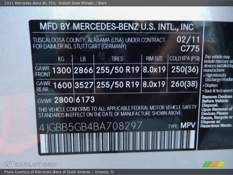 Iridium Silver Metallic / Black 2011 Mercedes-Benz ML 350