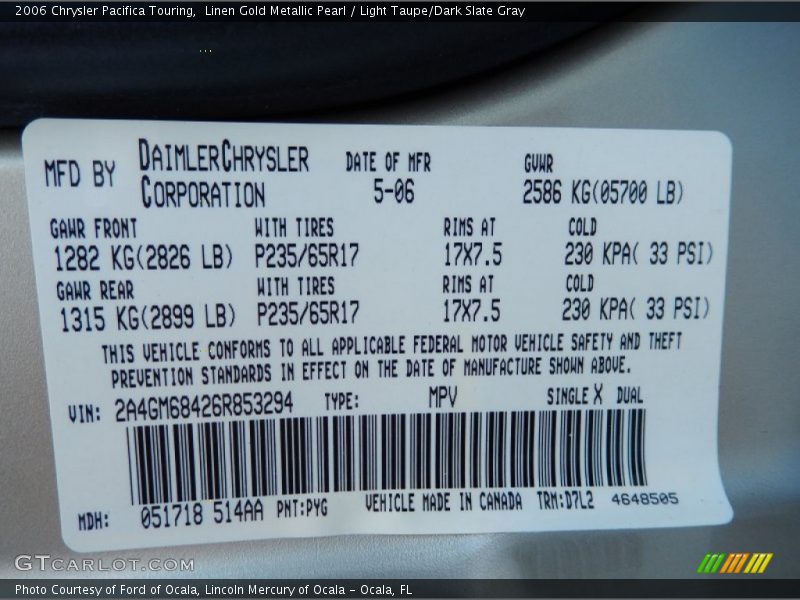 2006 Pacifica Touring Linen Gold Metallic Pearl Color Code PYG