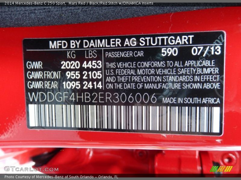 Mars Red / Black/Red Stitch w/DINAMICA Inserts 2014 Mercedes-Benz C 250 Sport