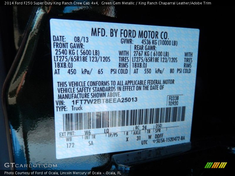 2014 F250 Super Duty King Ranch Crew Cab 4x4 Green Gem Metallic Color Code W6