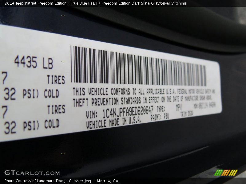 True Blue Pearl / Freedom Edition Dark Slate Gray/Silver Stitching 2014 Jeep Patriot Freedom Edition