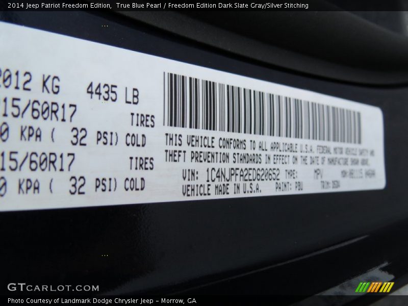 True Blue Pearl / Freedom Edition Dark Slate Gray/Silver Stitching 2014 Jeep Patriot Freedom Edition