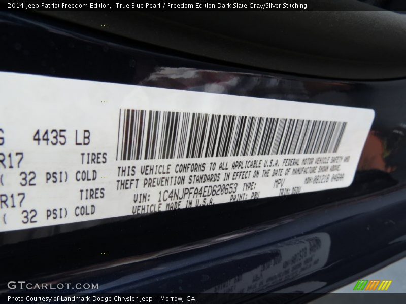 True Blue Pearl / Freedom Edition Dark Slate Gray/Silver Stitching 2014 Jeep Patriot Freedom Edition