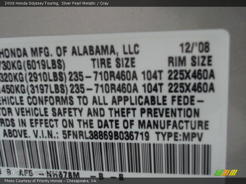 Silver Pearl Metallic / Gray 2009 Honda Odyssey Touring