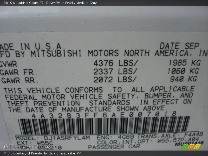 Dover White Pearl / Medium Gray 2010 Mitsubishi Galant ES