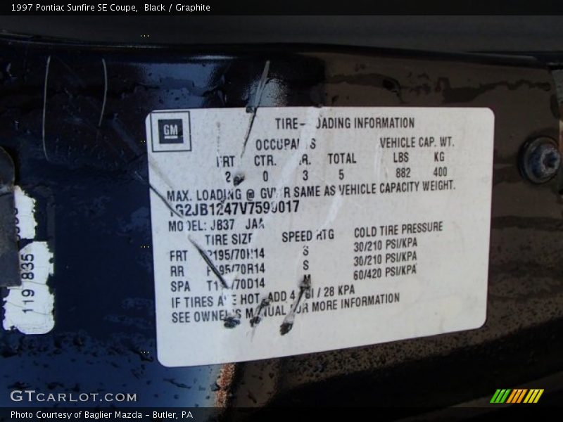 Info Tag of 1997 Sunfire SE Coupe