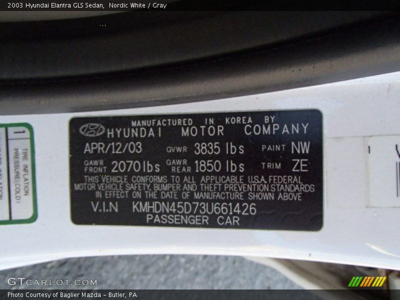 2003 Elantra GLS Sedan Nordic White Color Code NW